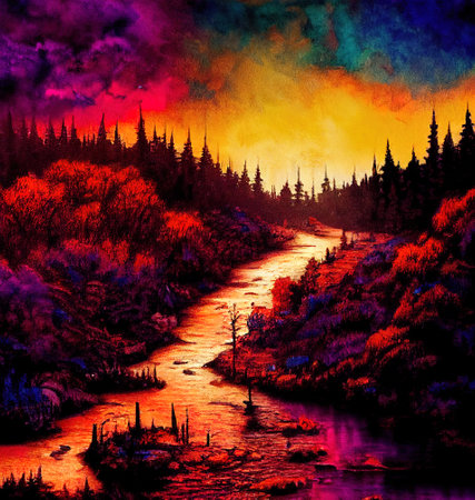 Beautiful Colorful Countryside and Cottage Illustrationの素材