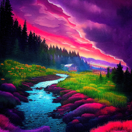 Beautiful Colorful Countryside and Cottage Illustrationの素材
