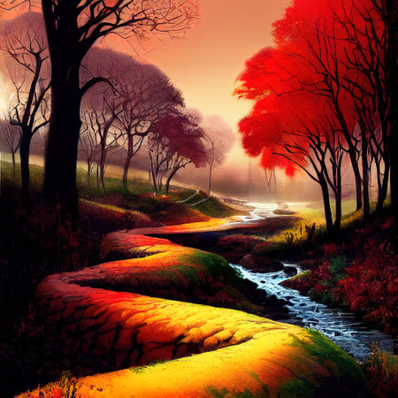 Beautiful Colorful Countryside and Cottage Illustrationの素材