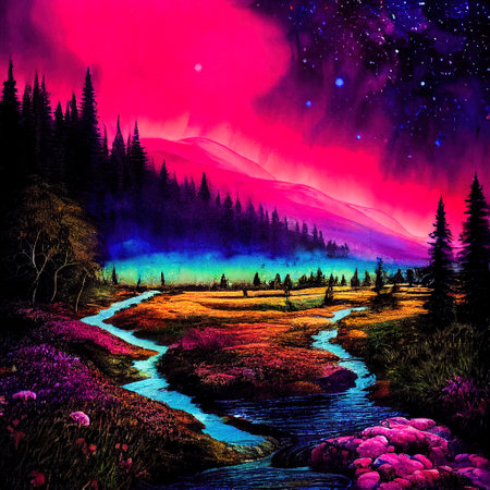 Beautiful Colorful Countryside and Cottage Illustrationの素材
