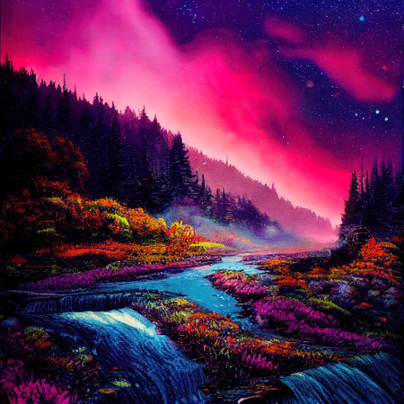 Beautiful Colorful Countryside and Cottage Illustrationの素材
