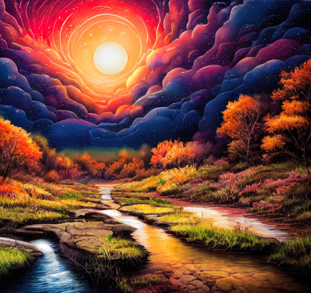Beautiful Colorful Countryside and Cottage Illustrationの素材