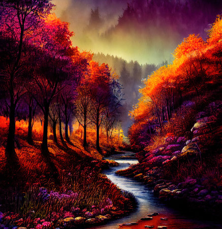 Beautiful Colorful Countryside and Cottage Illustrationの素材