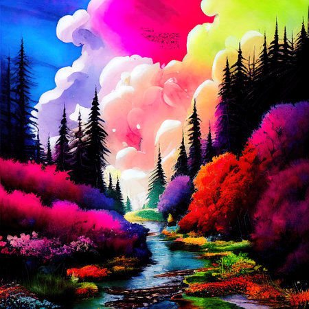 Beautiful Colorful Countryside and Cottage Illustrationの素材