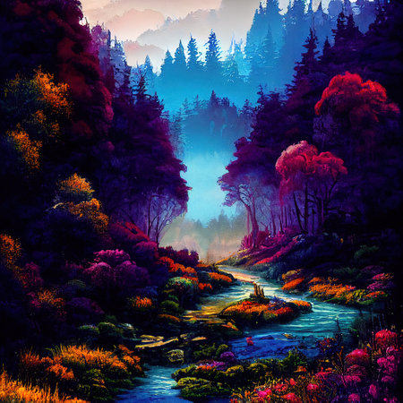 Beautiful Colorful Countryside and Cottage Illustrationの素材