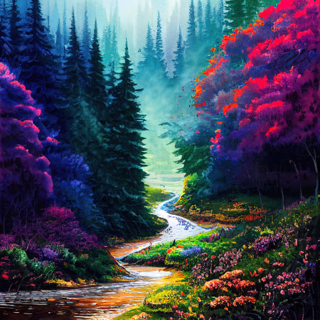 Beautiful Colorful Countryside and Cottage Illustrationの素材