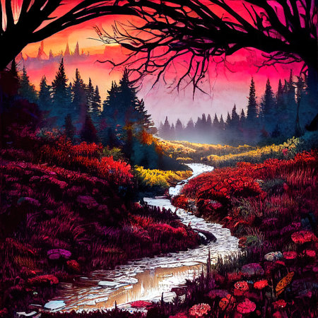 Beautiful Colorful Countryside and Cottage Illustrationの素材