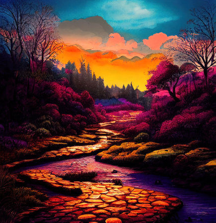 Beautiful Colorful Countryside and Cottage Illustrationの素材