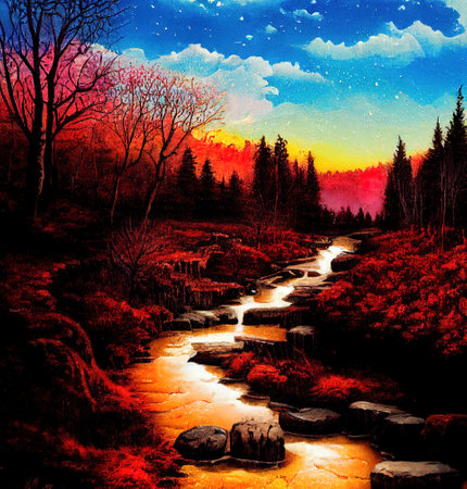 Beautiful Colorful Countryside and Cottage Illustrationの素材