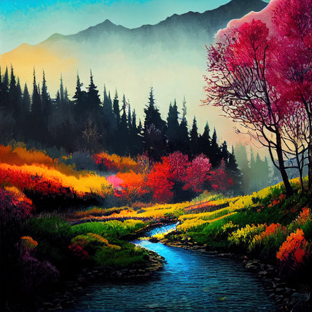Beautiful Colorful Countryside and Cottage Illustrationの素材