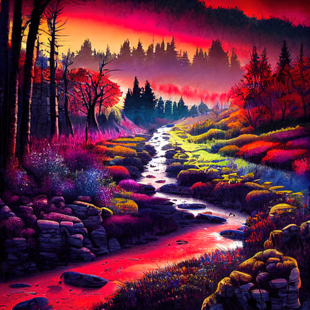 Beautiful Colorful Countryside and Cottage Illustrationの素材