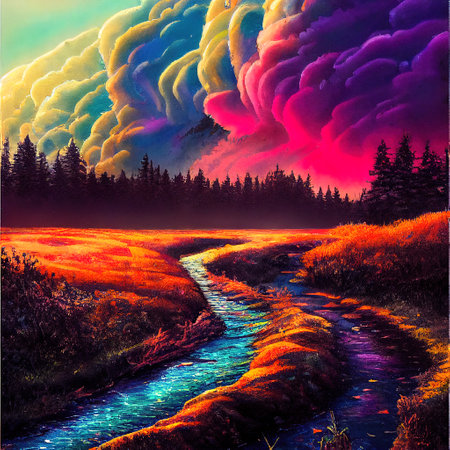 Beautiful Colorful Countryside and Cottage Illustrationの素材