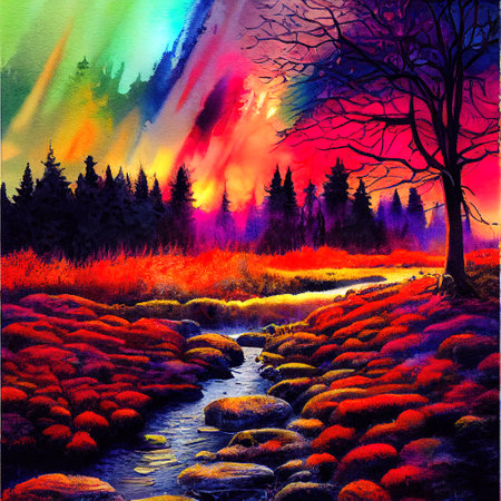 Beautiful Colorful Countryside and Cottage Illustrationの素材