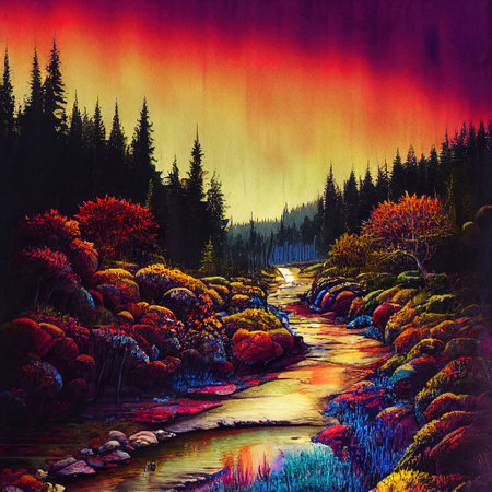 Beautiful Colorful Countryside and Cottage Illustrationの素材