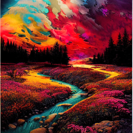 Beautiful Colorful Countryside and Cottage Illustrationの素材