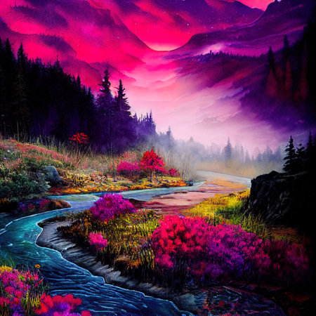 Beautiful Colorful Countryside and Cottage Illustrationの素材