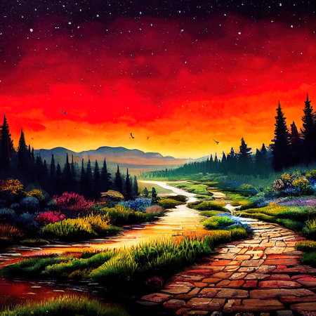 Beautiful Colorful Countryside and Cottage Illustrationの素材