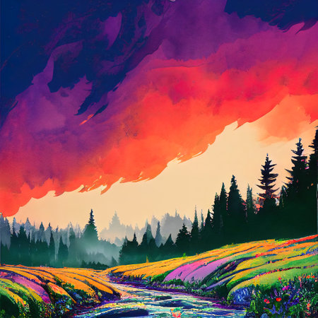 Beautiful Colorful Countryside and Cottage Illustrationの素材