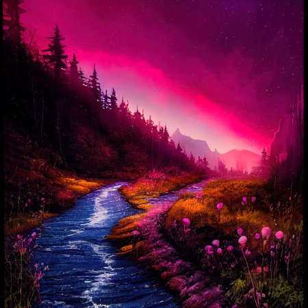 Beautiful Colorful Countryside and Cottage Illustrationの素材