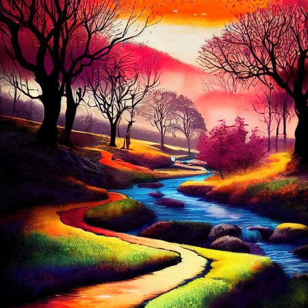 Beautiful Colorful Countryside and Cottage Illustrationの素材