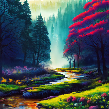 Beautiful Colorful Countryside and Cottage Illustrationの素材