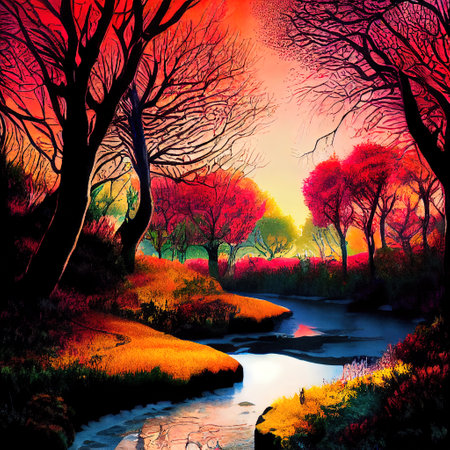 Beautiful Colorful Countryside and Cottage Illustrationの素材