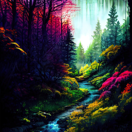 Beautiful Colorful Countryside and Cottage Illustrationの素材