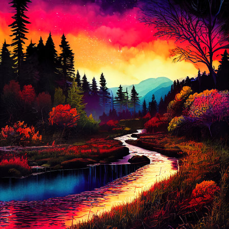 Beautiful Colorful Countryside and Cottage Illustrationの素材
