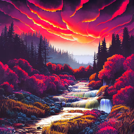 Beautiful Colorful Countryside and Cottage Illustrationの素材