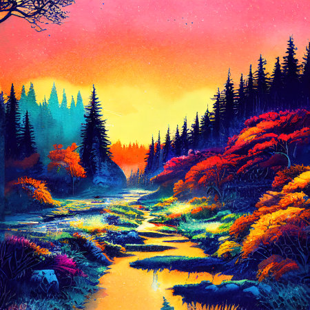 Beautiful Colorful Countryside and Cottage Illustrationの素材
