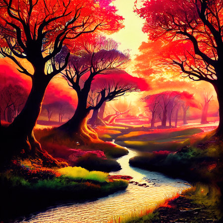 Beautiful Colorful Countryside and Cottage Illustrationの素材