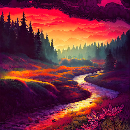 Beautiful Colorful Countryside and Cottage Illustrationの素材
