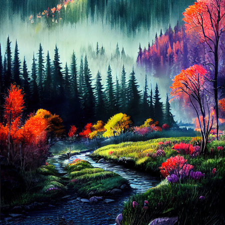 Beautiful Colorful Countryside and Cottage Illustrationの素材