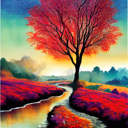 Beautiful Colorful Countryside and Cottage Illustrationの素材