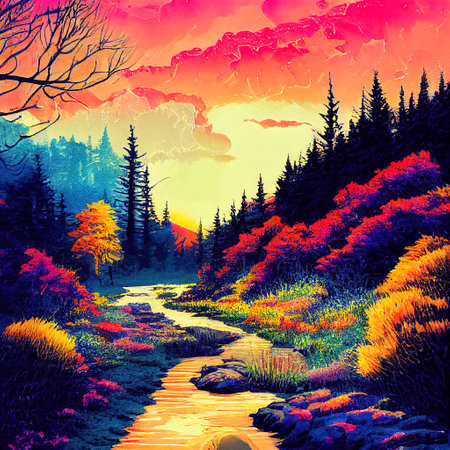 Beautiful Colorful Countryside and Cottage Illustrationの素材
