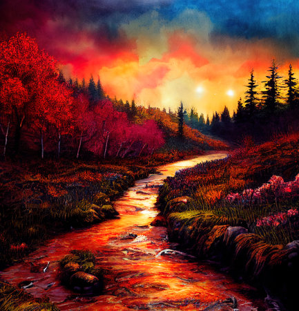 Beautiful Colorful Countryside and Cottage Illustrationの素材