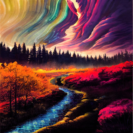 Beautiful Colorful Countryside and Cottage Illustrationの素材