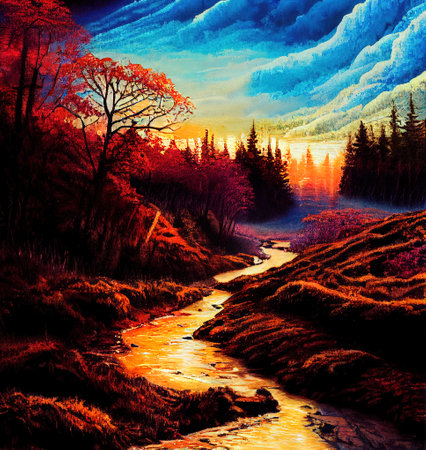 Beautiful Colorful Countryside and Cottage Illustrationの素材
