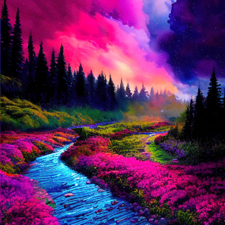 Beautiful Colorful Countryside and Cottage Illustrationの素材