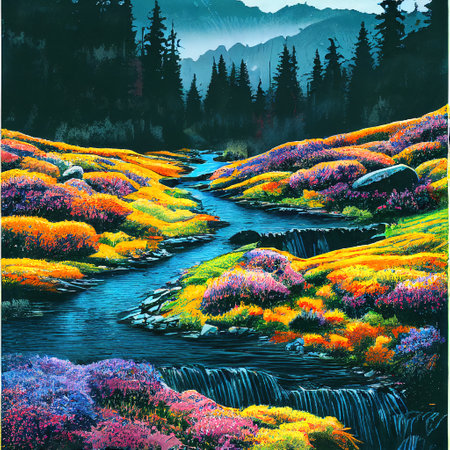 Beautiful Colorful Countryside and Cottage Illustrationの素材