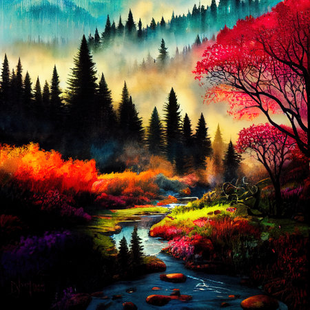 Beautiful Colorful Countryside and Cottage Illustrationの素材