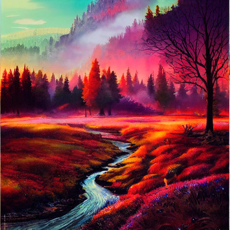 Beautiful Colorful Countryside and Cottage Illustrationの素材