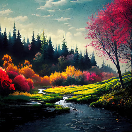 Beautiful Colorful Countryside and Cottage Illustrationの素材