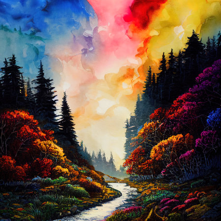 Beautiful Colorful Countryside and Cottage Illustrationの素材