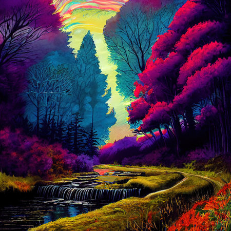 Beautiful Colorful Countryside and Cottage Illustrationの素材