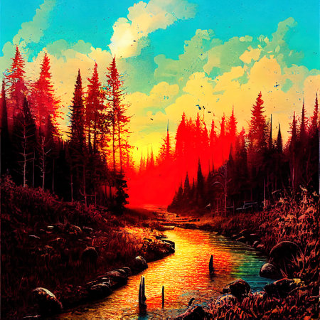 Beautiful Colorful Countryside and Cottage Illustrationの素材