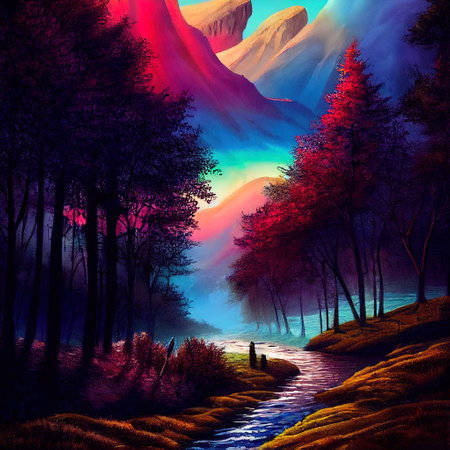 Beautiful Colorful Countryside and Cottage Illustrationの素材