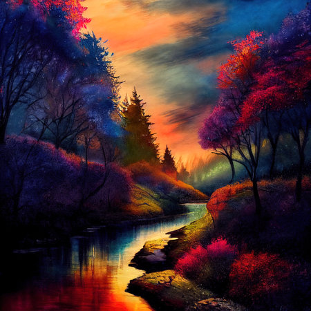 Beautiful Colorful Countryside and Cottage Illustrationの素材