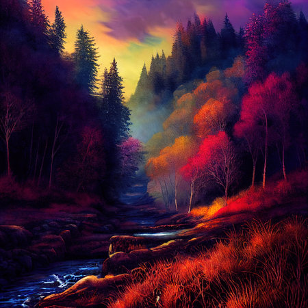 Beautiful Colorful Countryside and Cottage Illustrationの素材