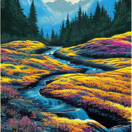 Beautiful Colorful Countryside and Cottage Illustrationの素材